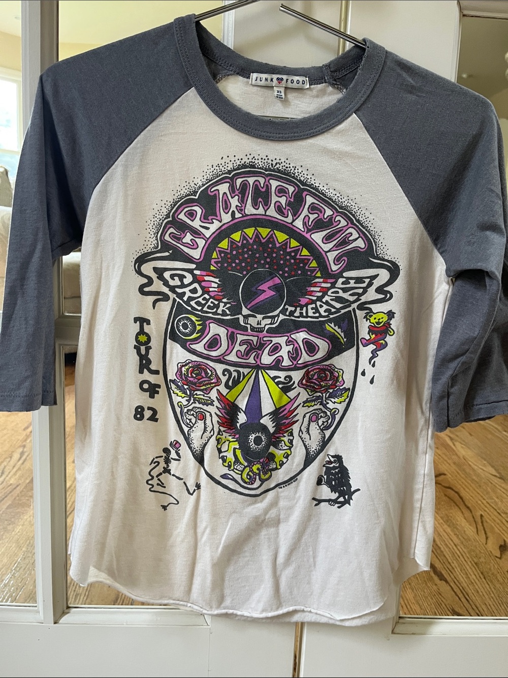 Junk Food brand grey & white baseball shirt with Grateful Dead graphic, Size XS